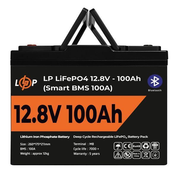 Аккумулятор LP LiFePO4 12V (12,8V) - 100 Ah (1280Wh) (Smart BMS 100А) с BT пластик для ИБП