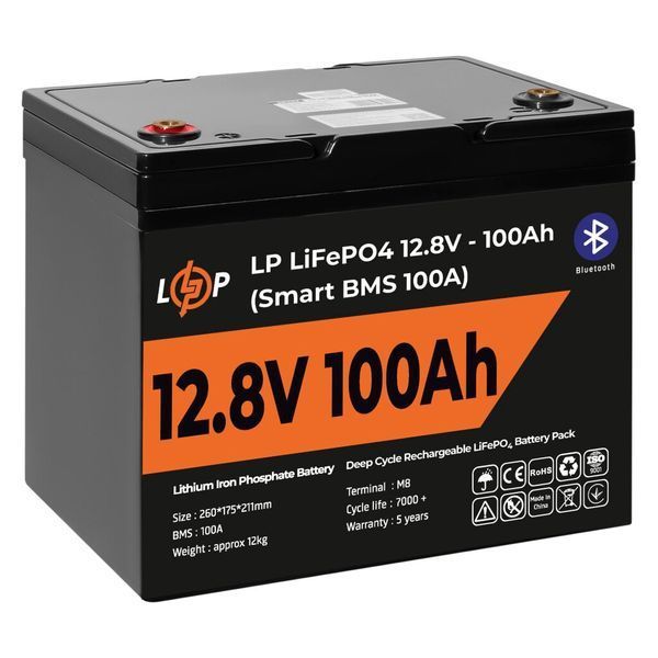 Аккумулятор LP LiFePO4 12V (12,8V) - 100 Ah (1280Wh) (Smart BMS 100А) с BT пластик для ИБП