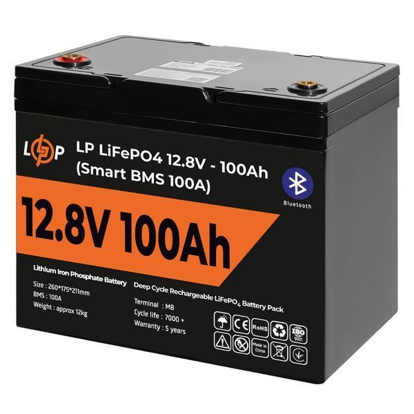 Аккумулятор LP LiFePO4 12V (12,8V) - 100 Ah (1280Wh) (Smart BMS 100А) с BT пластик для ИБП