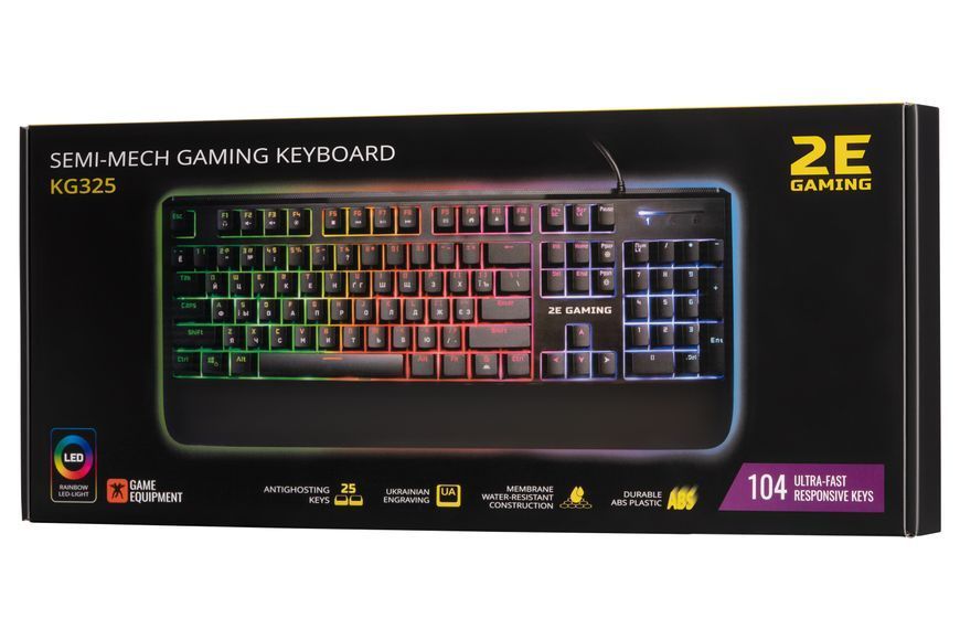 Клавіатура мембранна 2E GAMING KG325 104key, USB-A, EN/UA/RU, LED, чорний 2E-KG325UB фото