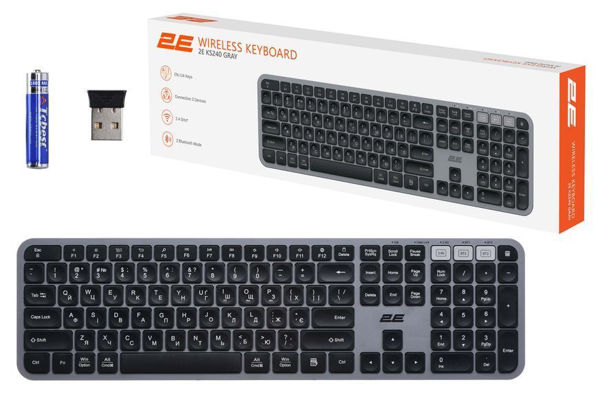 2E Клавиатура мембранная KS240 110key, WL/BT, EN/UK, серо-чёрный