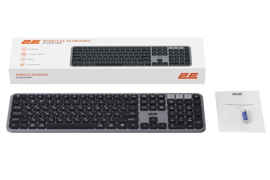2E Клавиатура мембранная KS240 110key, WL/BT, EN/UK, серо-чёрный