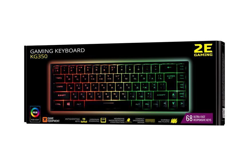 Клавіатура мембранна 2E GAMING KG350 68key, USB-A, EN/UA/RU, RGB, чорний 2E-KG350UBK фото