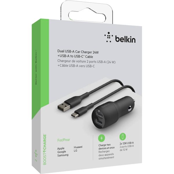 Belkin Автомобильное ЗУ Car Charger 24W Dual USB-A, USB-A - USB-C, 1m, black