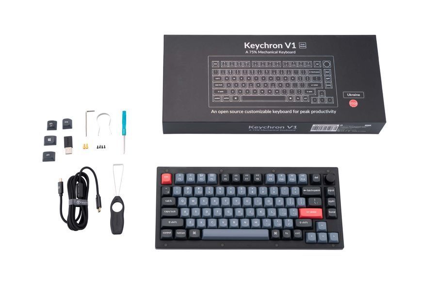 Keychron Клавиатура механическая V1 84Key, Gateron G PRO Blue, USB-A, Hot-Swap, QMK, Knob, EN/UKR, RGB, Frosted Black
