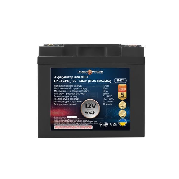 Акумулятор LP LiFePO4 12V (12,8V) - 50 Ah (640Wh) (BMS 80A/40A) пластик для ИБП