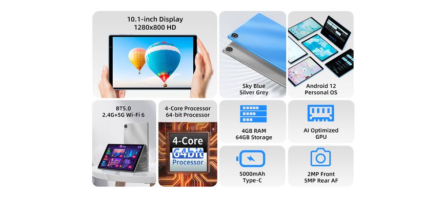 TECLAST Планшет P25T 10.1" 4GB, 64GB, 5000mAh, Android, голубой