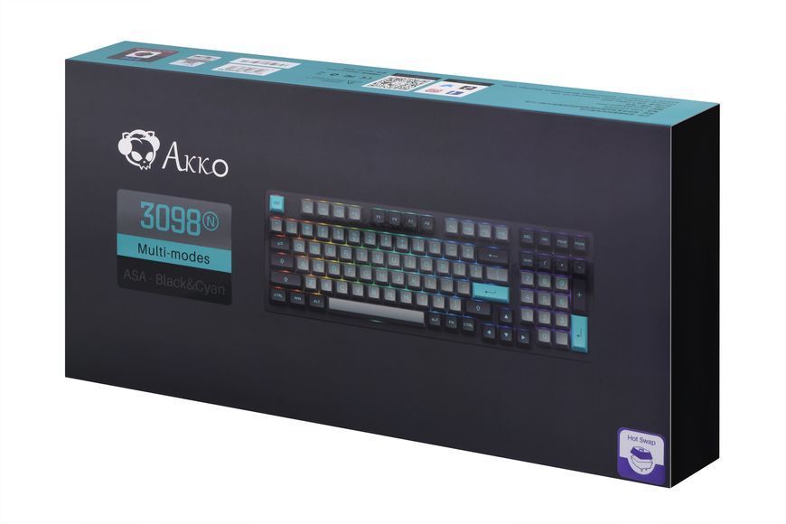 Akko Клавіатура механічна 3098N Black&Cyan 98Key, TTC Honey, BT/WL/USB-A, Hot-swappable, EN/UKR, RGB, Чорний