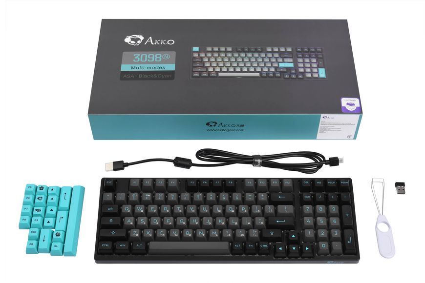 Akko Клавіатура механічна 3098N Black&Cyan 98Key, TTC Honey, BT/WL/USB-A, Hot-swappable, EN/UKR, RGB, Чорний