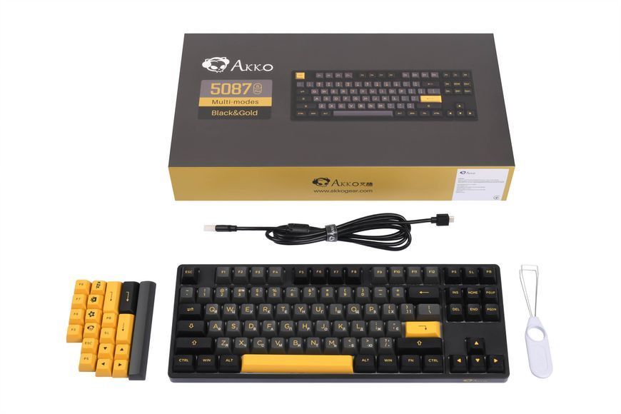 Akko Клавіатура механічна 5087B Plus Black & Gold 87Key, CS Jelly Pink, BT/WL/USB-A, Hot-swappable, EN/UKR, RGB, Чорний