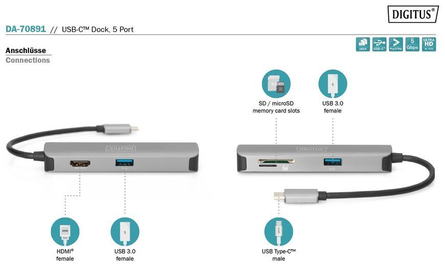 Digitus Док-станция Travel USB-C, 5 Port DA-70891 фото