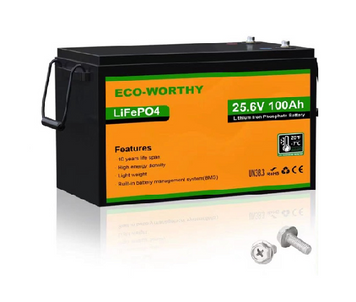 Аккумуляторная батарея Eco-Worthy LiFePO4 25,6V 100Ah,(80 / 100A), -7&deg;C до 60&deg;C, винт M8, 340*188*245 мм. 18 кг