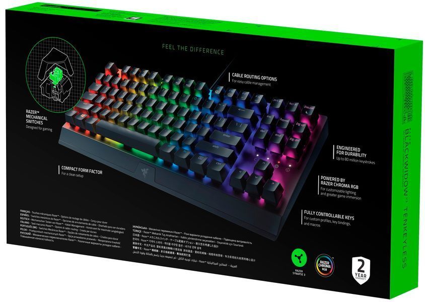 Razer Клавиатура механическая BlackWidow V3 TKL 87key, Green Switch, USB-A, EN/RU, RGB, чёрный