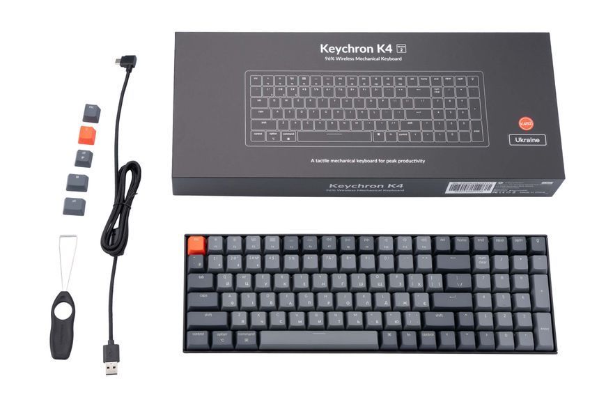 Keychron Клавиатура механическая K4 100Key, Gateron G PRO Brown, BT/USB-A, EN/UKR, White Led, Черный