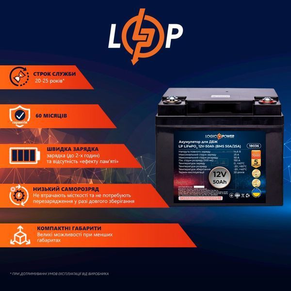 Аккумулятор LP LiFePO4 для ИБП 12V (12,8V) - 50 Ah (640Wh) (BMS 50A/25A) пластик