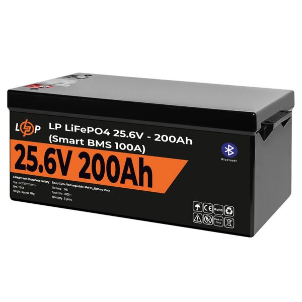 Акумулятор LP LiFePO4 24V (25,6V) - 200 Ah (5120Wh) (Smart BMS 100А) з BT пластик для ДБЖ