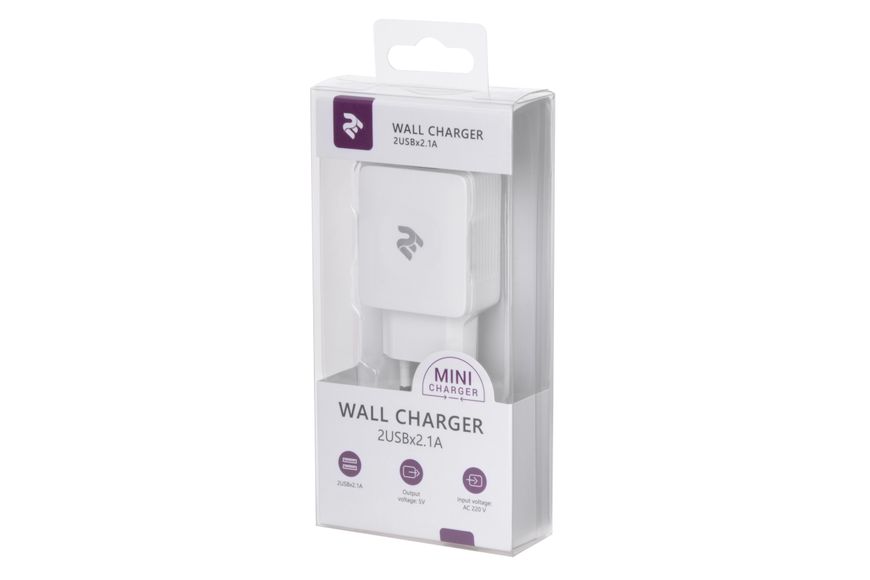 2E Мережевий ЗП 2Е USB Wall Charger Dual DC5В/4.2А, білий