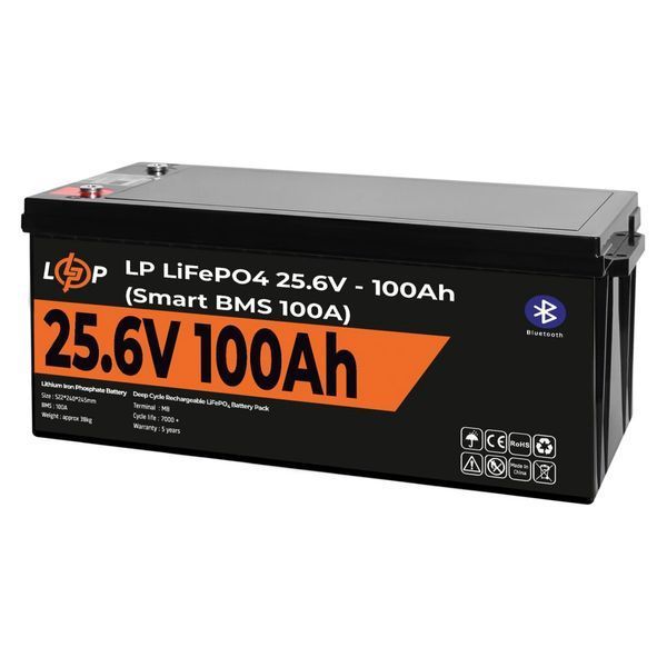 Акумулятор LP LiFePO4 24V (25,6V) - 100 Ah (2560Wh) (Smart BMS 100А) з BT пластик для ДБЖ