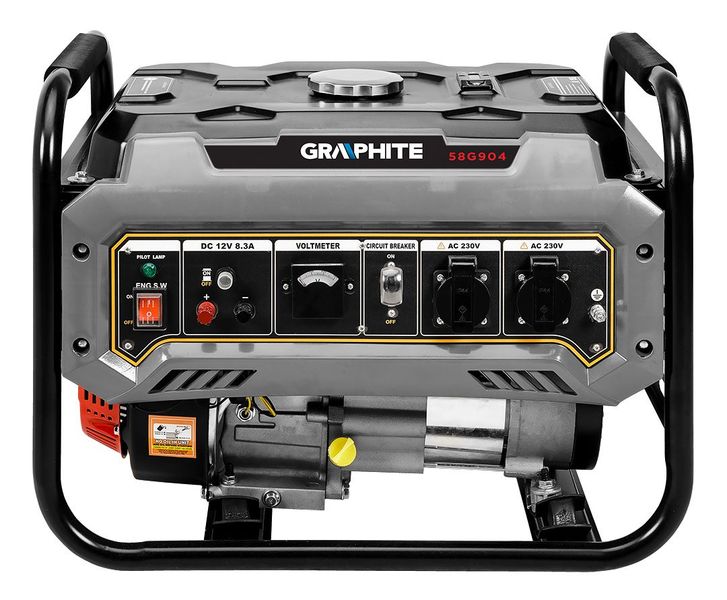 Graphite Генератор бензиновый 58G904, 2.0/2.2кВт, 1х12В и 2х230В (16А), бак 15л, 360г/кВтЧ, 40 кг