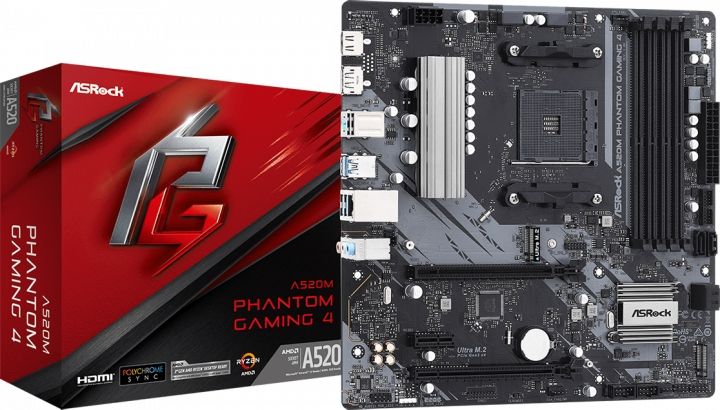 ASRock Материнcкая плата A520M PHANTOM GAMING 4 sAM4 A520 4xDDR4 HDMI DP mATX