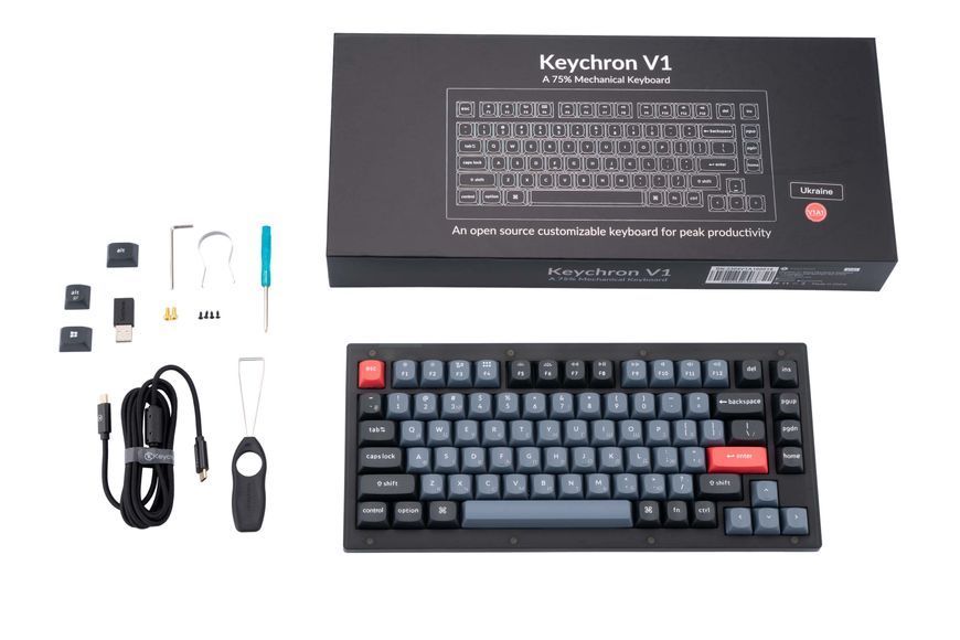 Keychron Клавиатура механическая V1 84Key, K Pro Red, Hot-Swap, QMK, Knob, USB-A, EN/UKR, RGB, Frosted Black
